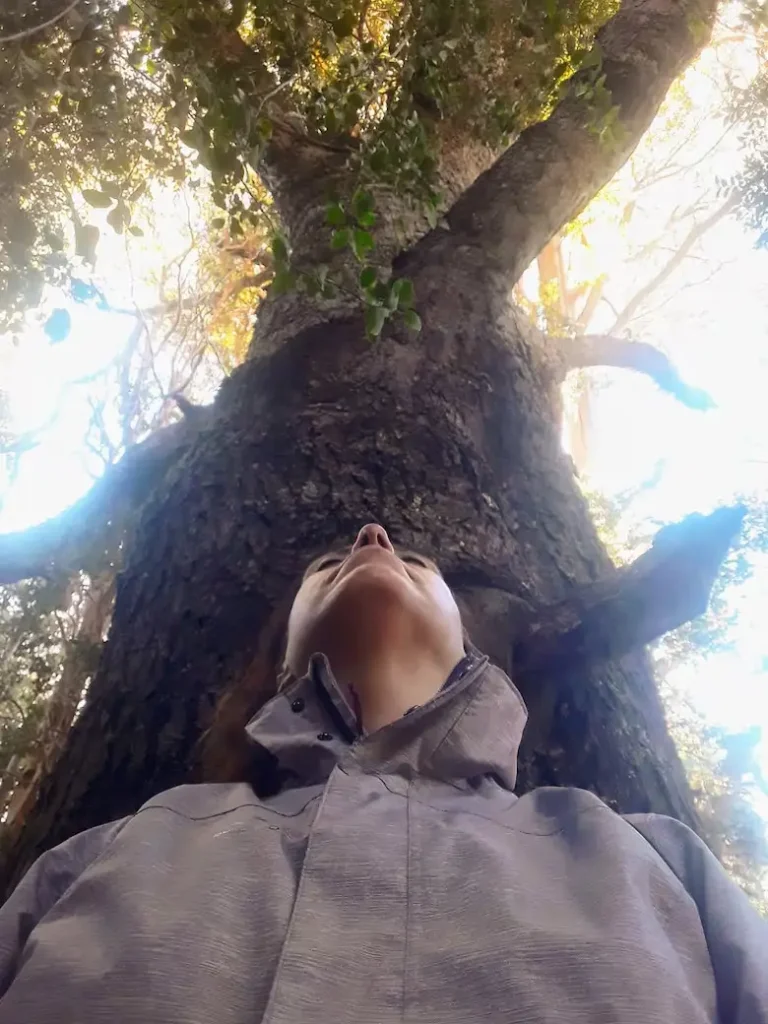 Mujer sonríe debajo de un árbol.